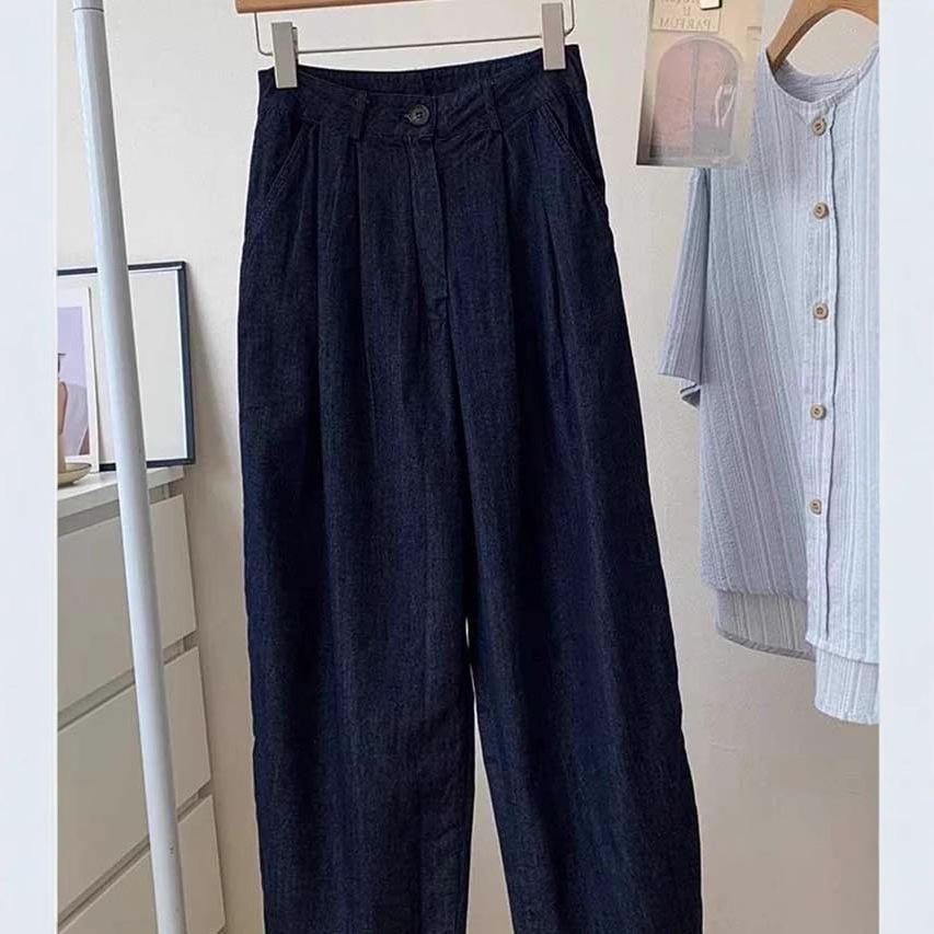 Quần ống rộng vải lanh cotton Yamamoto cạp cao kiểu harem mùa hè 2025 — Màu xanh đậm