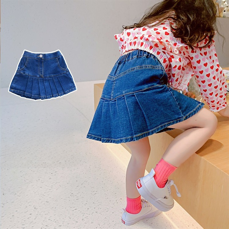 2024 New Kids' Fashion Girl Elastic Denim Pleated Skirt Spring Collection Trendy Baby Blue Baby Dress