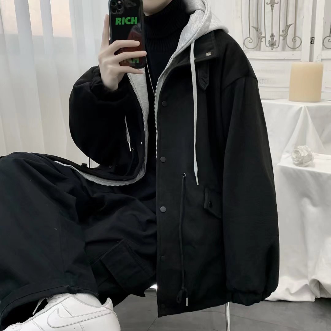 Oscuro ins moda marca High Street abrigo de lana de los hombres Otoño e Invierno estilo coreano moda suelta con capucha abrigo de lana