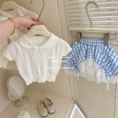 Xian Ning Qi丨女の子ニットTシャツ、夏服、ベビー薄手半袖トップス、女の子チェック柄スカート、パフスリーブ