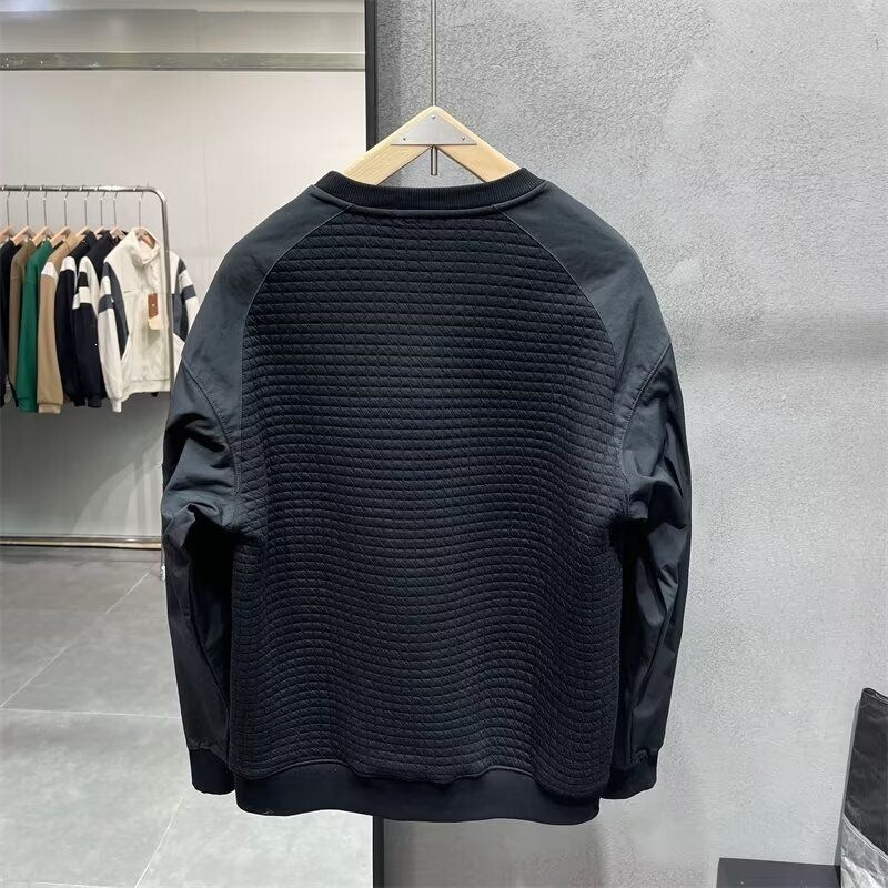 Trendy patchwork waffle knit sweatshirt for men, Korean style, versatile for autumn, casual, loose-fitting, round neck, pullover top Trendy patchwork waffle knit sweatshirt for men, Korean style, versatile for autumn, casual, loose-fitting, round neck, pullover top