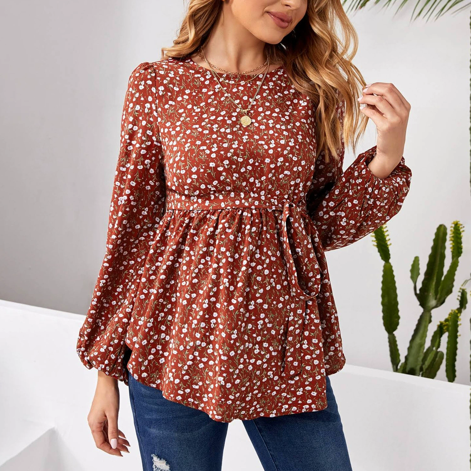 2023 Amazon Новая рубашка материнства цветочные печати с длинным рукавом вокруг шеи Кнопка Пояса Раффлед Топ