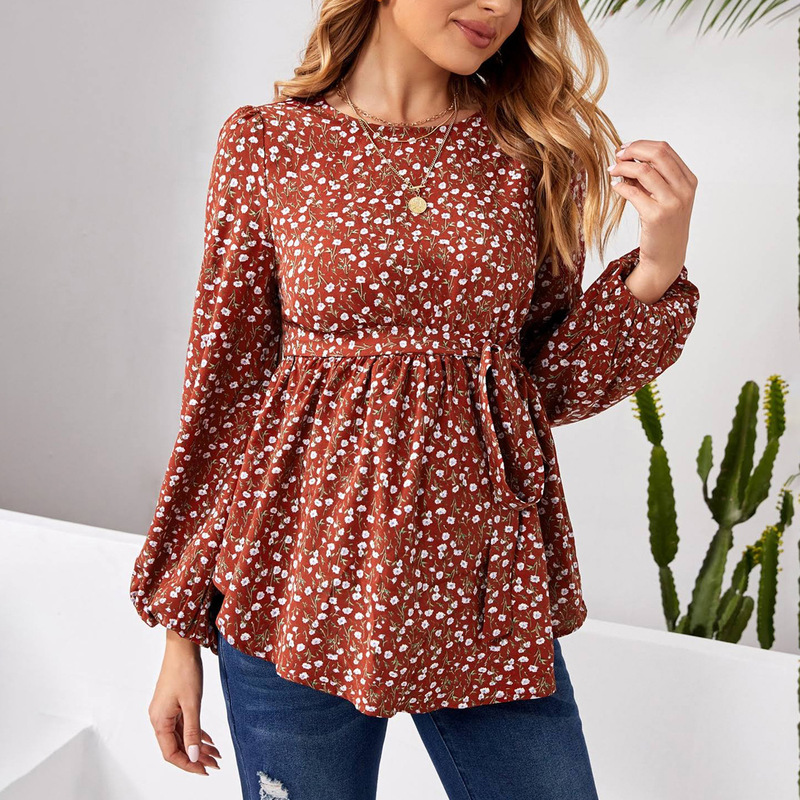 2023 Amazon new maternity shirt floral print long sleeve round neck button belt ruffle top