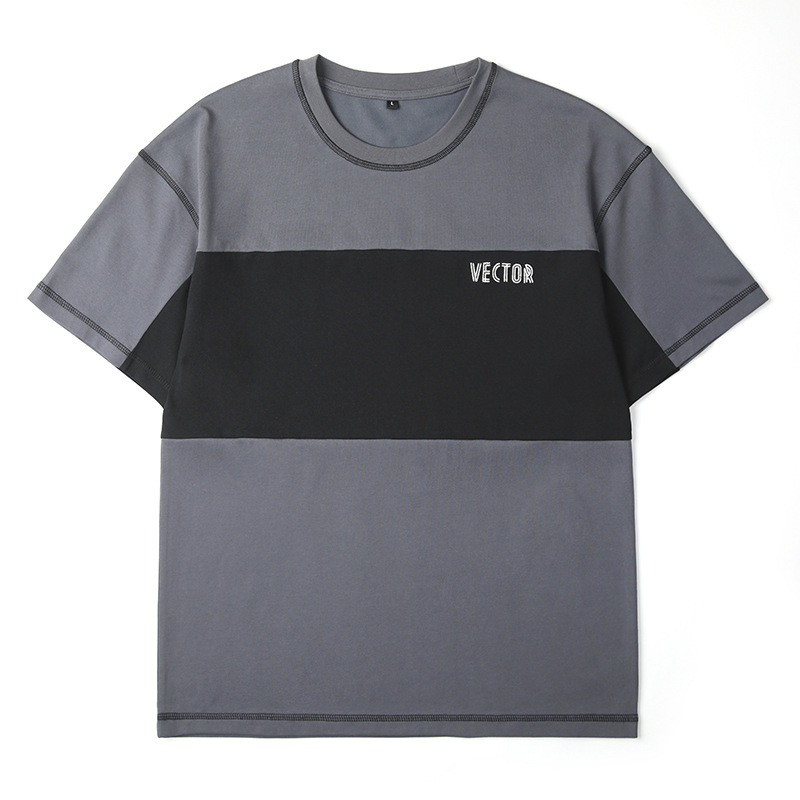 Men's summer new round neck T-shirt men's loose patchwork letter printed short sleeved shirt_voghion.com