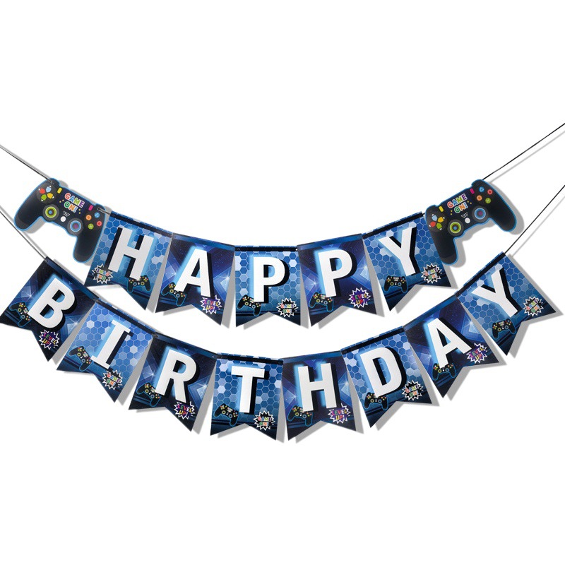 Exclusivo transfronterizo para juego en juego azul tema Fiesta decoración GamePad cumpleaños tire bandera traje