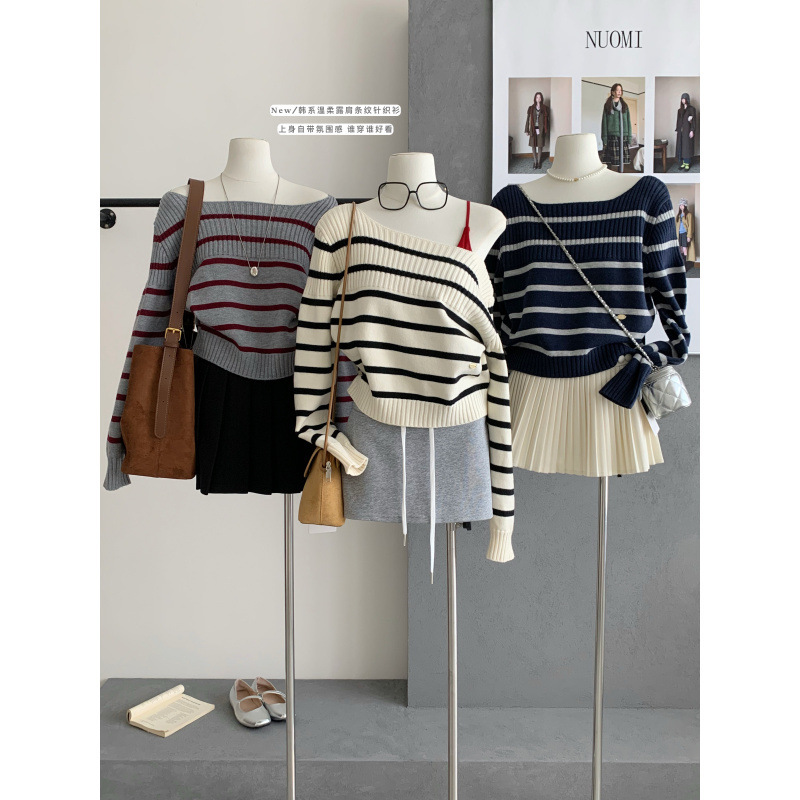 Schnei 2025 Autumn and Winter New Korean Style Gentle and Sweet Off-Shoulder Wide-Neck Knitwear Top Stripesd Contrast Knitwear