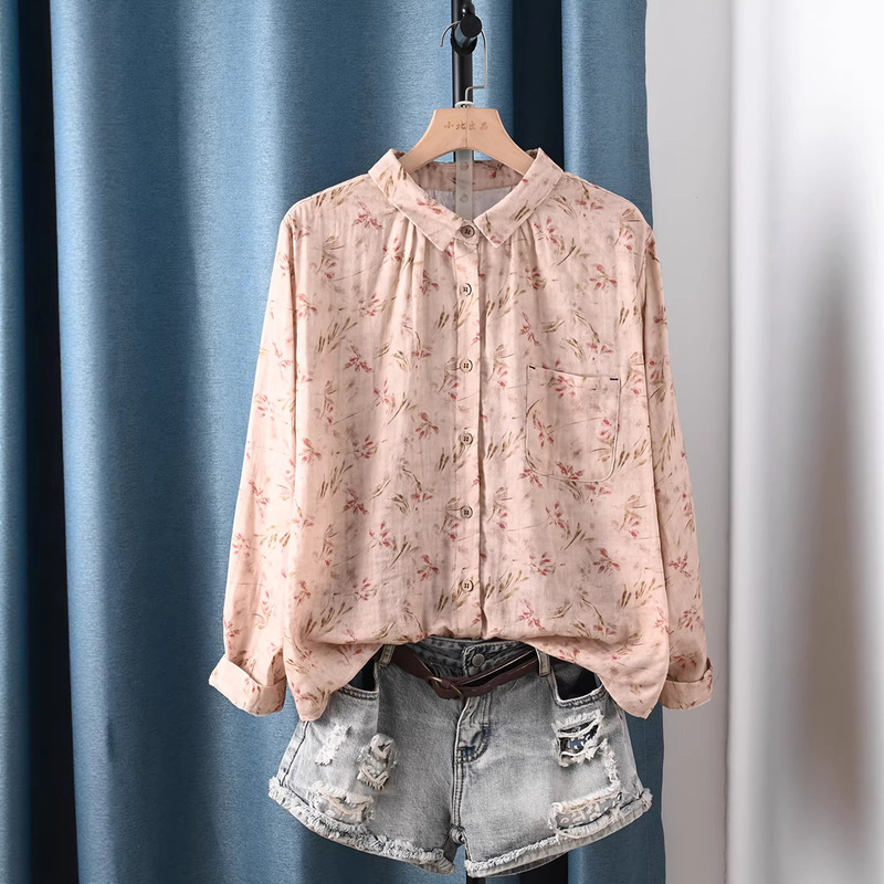 Spring New Style Cotton Double-Layer Gauze Printed Lapel Long-Sleeved Shirt Retro Casual Versatile Top for Women Spring New Style Cotton Double-Layer Gauze Printed Lapel Long-Sleeved Shirt Retro Casual Versatile Top for Women