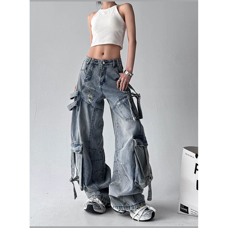 American Retro Deconstructed Ribbon Cargo Jeans for Women, Summer High Street Multi-Pocket Ripped Loose Straight Wide-Leg Pants