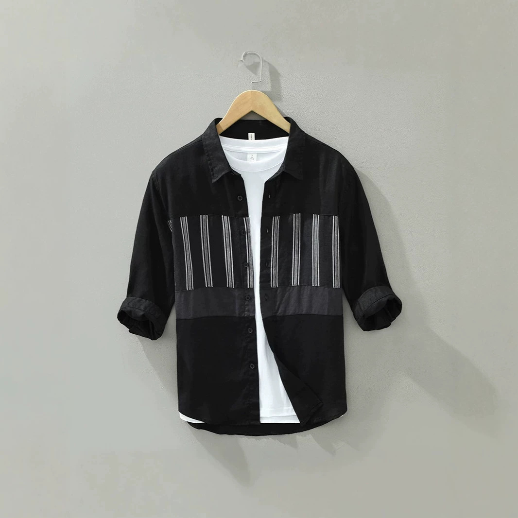 2026 Men's Loose-Fit Trendy Casual Japanese Style Patchwork Three-Quarter Sleeve Linen Shirt, Wholesale Available_viptrois.com