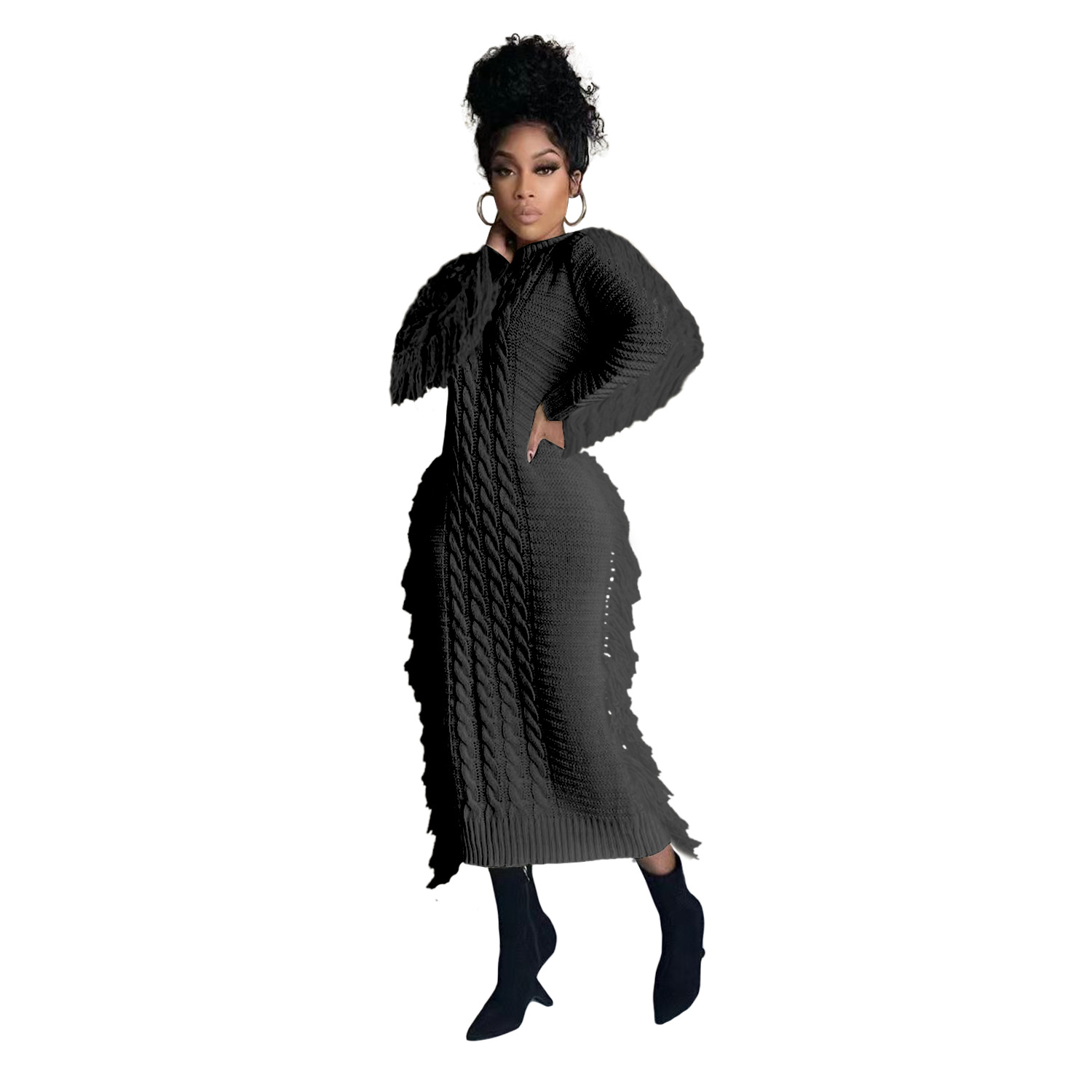 Robe pull femme avec franges longues en maille pour l'hiver_voghion.com