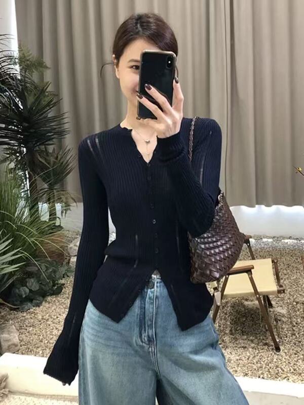韩系氛围感穿搭灰色v领针织开衫女早秋慵懒宽松系带毛衣外套上衣|undefined
