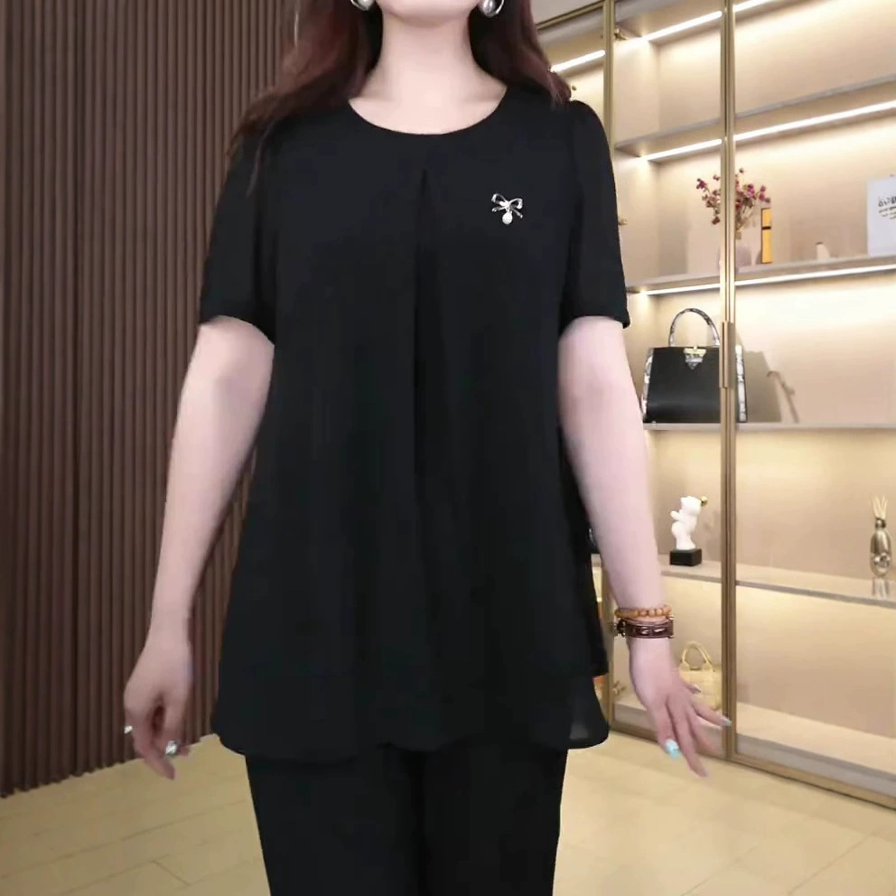 Летняя новая мода повседневная 30-летняя толстая мама 240 фунтов плюс размер шифон темперамент аксессуары рубашка топ женская одежда