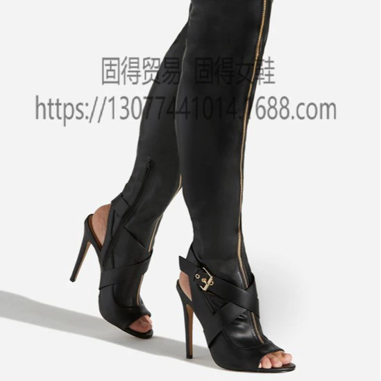 Cross Border Independent Station ins Модный показ Армейские зеленые сапоги с открытым носком Женская обувь с пряжкой Длинные сапоги AliExpress