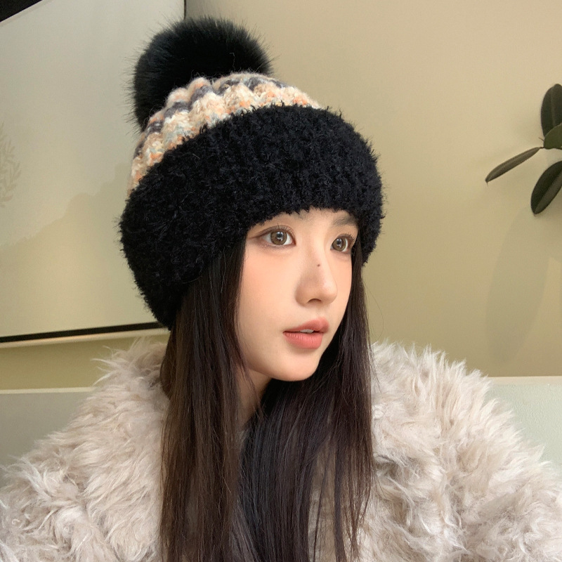 韩版冬季新品帽子女款加绒保暖针织帽可爱毛球护耳一体毛线帽批发|undefined