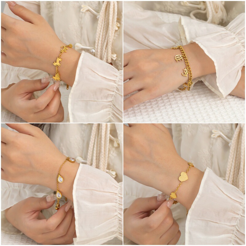 18K Gold Electroplated Niche Luxury Stainless Steel Bracelet with Various Styles of Heart-Shaped and Water Drop Pendants, Non-Fading Women's Jewelry