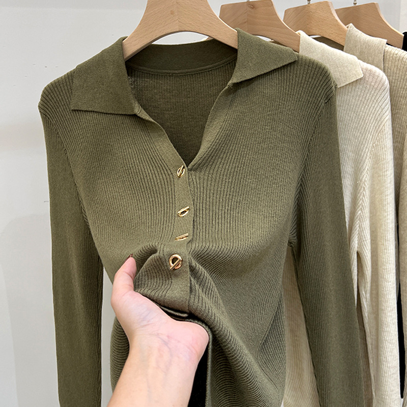 设计感小众V领长袖针织衫女秋冬半开领洋气上衣打底衫毛衣_2