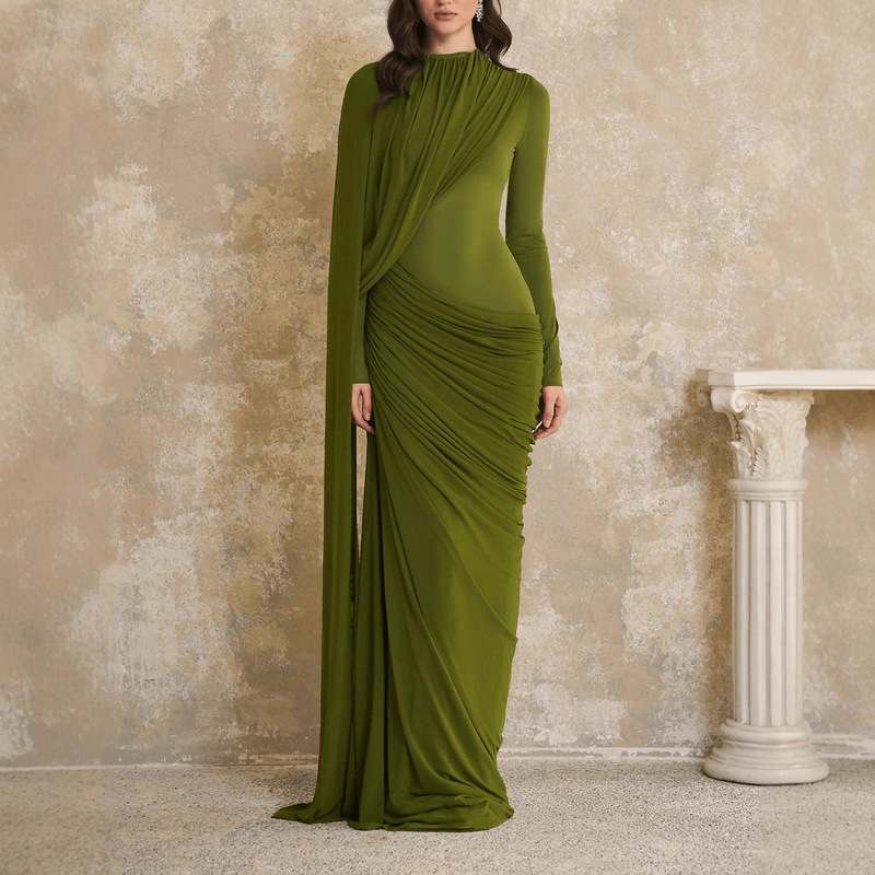Amazon Cross-Border European and American Clothing New Fashion Temperament Slim Pleated Ribbon Round Neck Long-Sleeved Dress for Women