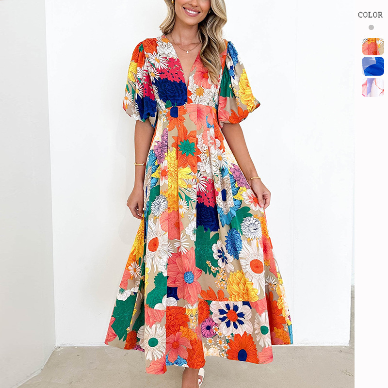Amazon cross-border European and American women's summer new floral printed bubble sleeve A- shaped long dress temperament dress