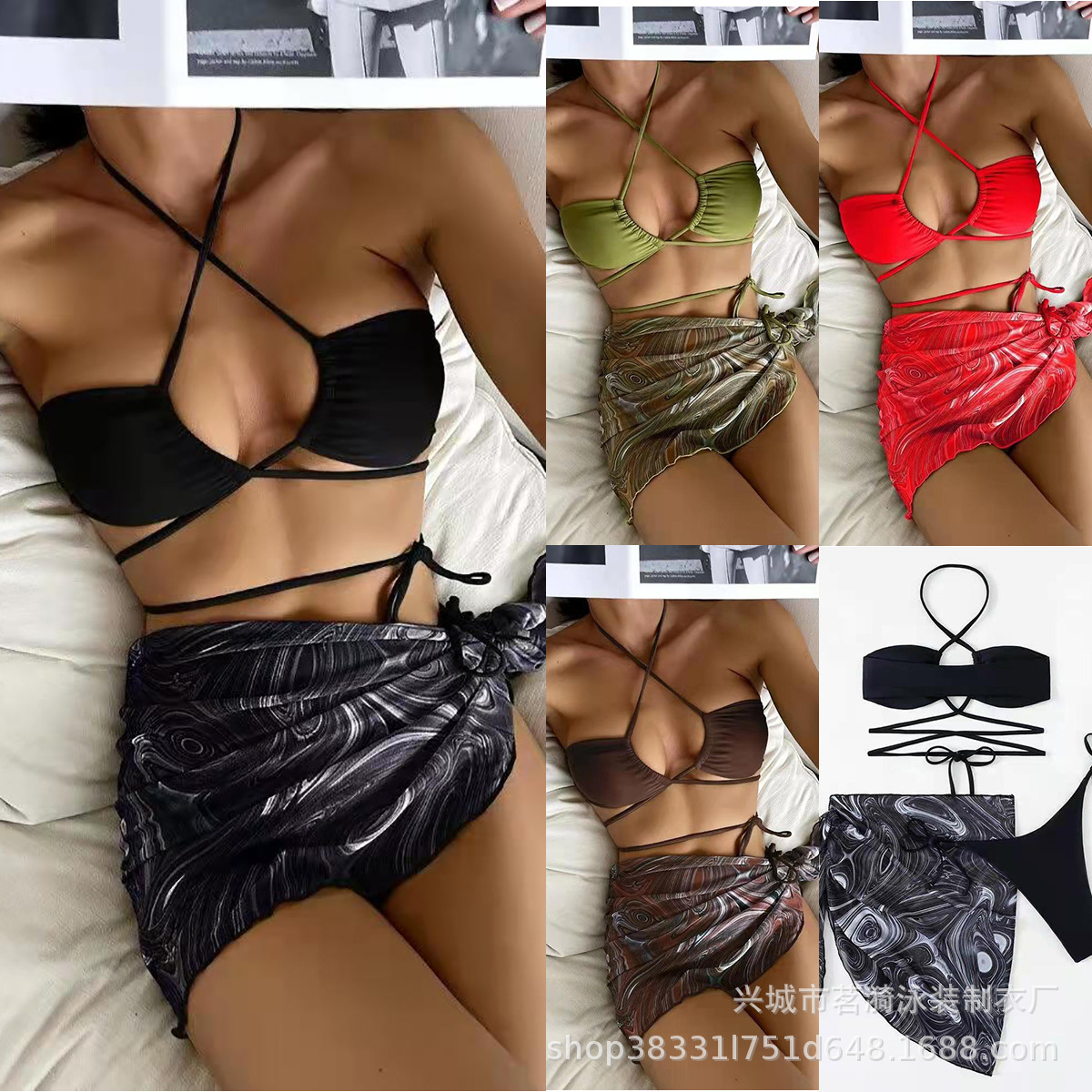 Mingyi nueva división europea y americana moda sexy multicolor impreso malla falda Bikini traje de baño de tres piezas