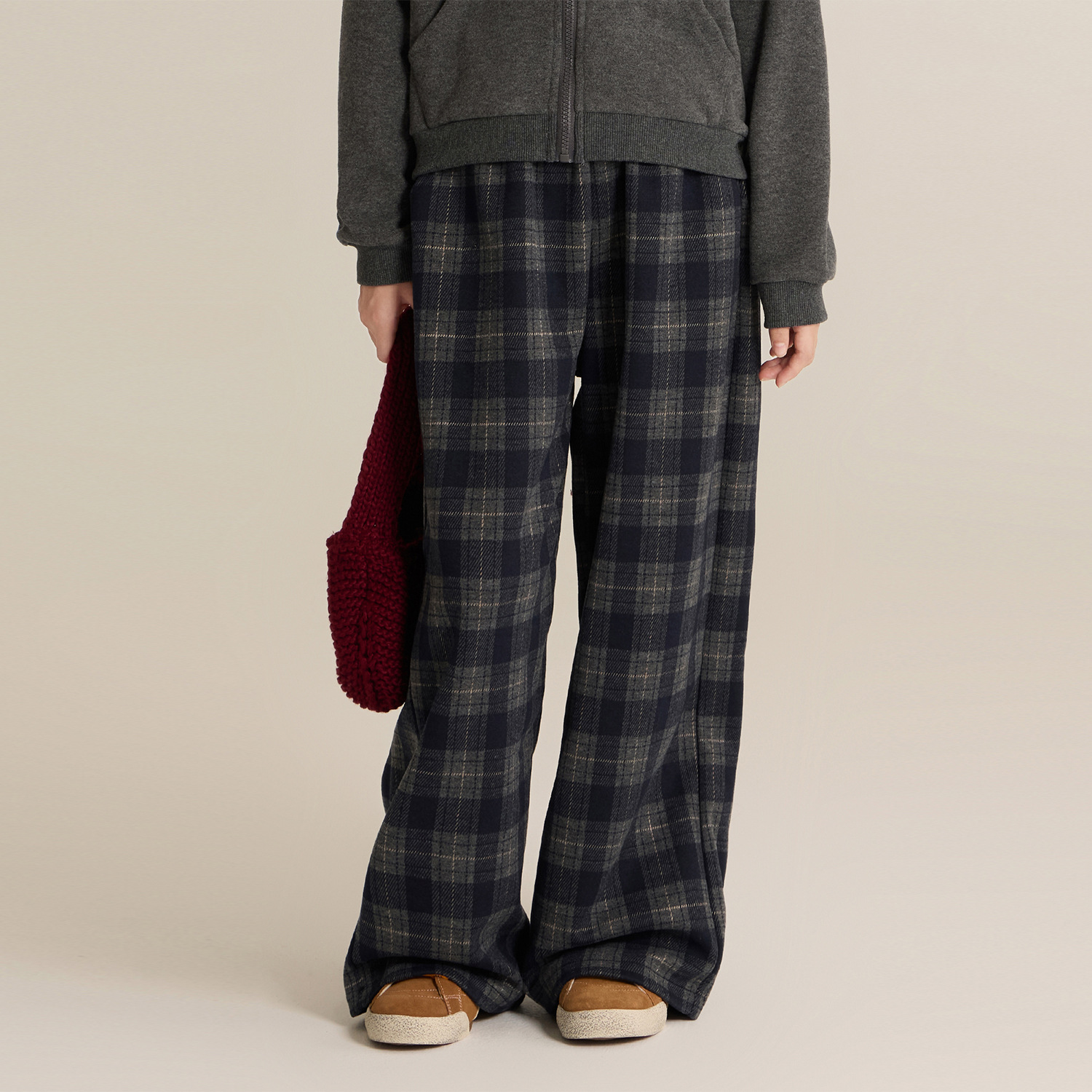 女童加绒毛呢格子裤2025秋冬新款儿童保暖宽松阔腿裤洋气直筒裤子