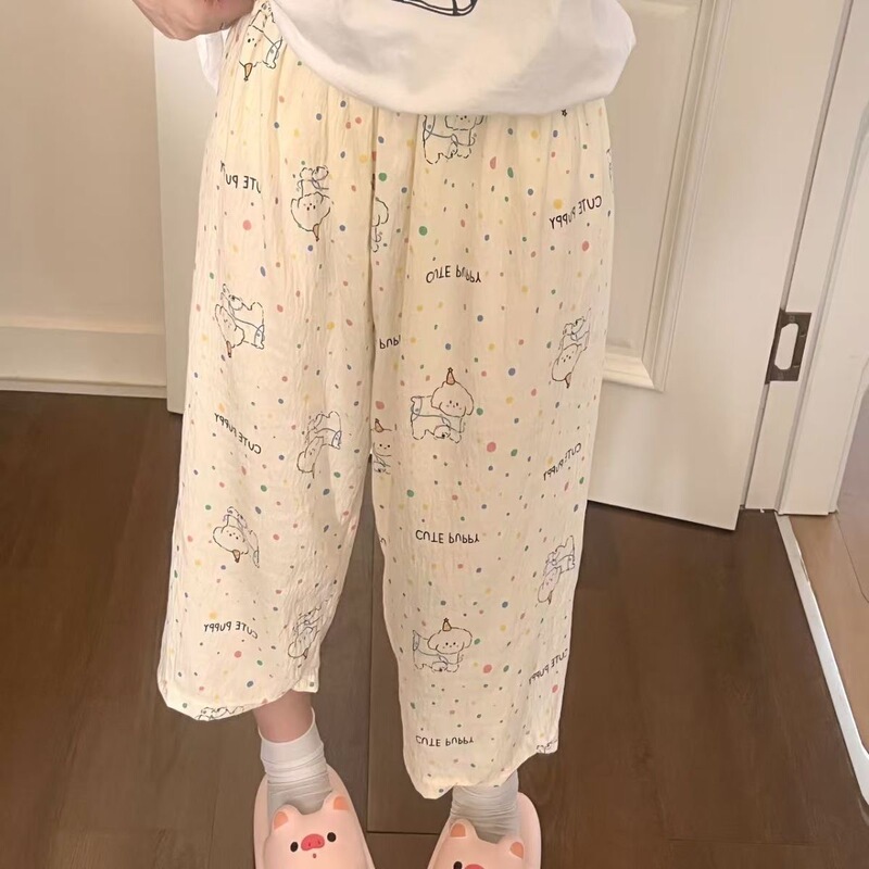 Pure Cloud Cotton Sleep Pants for Women, Summer Cropped Pants, Student Outdoor Straight Loose Wide-Leg Pants, Home Knee-Length Sleep Pants