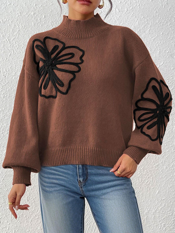 レディース秋冬トップスクロスボーダー欧米服立体リボン刺繍花ハーフタートルネックランタンスリーブプルオーバーセーター|undefined