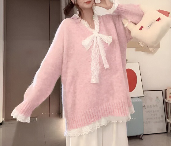 2025早秋小众女装韩系蕾丝拼接百搭打底纯色针织衫套头毛衣女|undefined