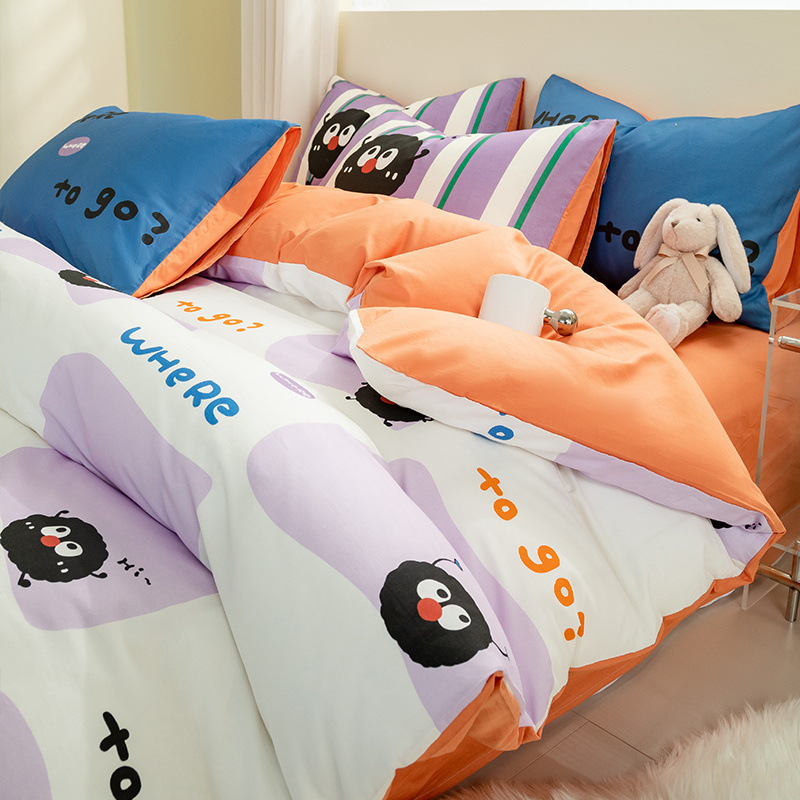 Juego de cuatro piezas de algodón de dibujos animados 2024 nuevo estilo sábana de algodón fresco funda de edredón sábana ropa de cama de verano
