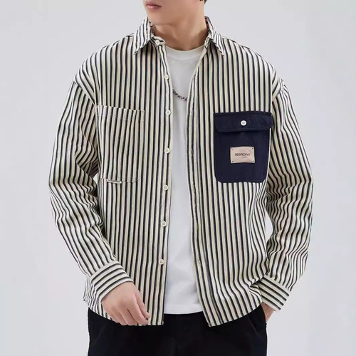 Men's Spring and Autumn New Retro Striped Long Sleeve Shirt Trendy Collar Shirt Colorful High-End Casual Matchable Top