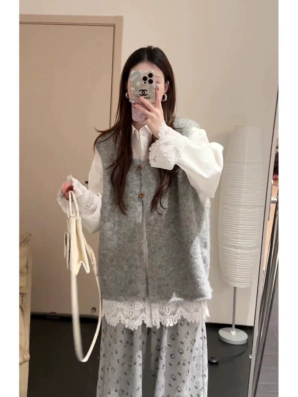 ootd小众不撞款韩系软糯针织马甲蕾丝拼接衬衫猫咪阔腿裤三件套装|undefined