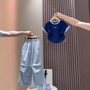 Girls' Summer suit 2025 New Children's Stylish Short T-Shirt Big Boy Girl's Fashionable Wide Leg Pants Two-Piece Set 9