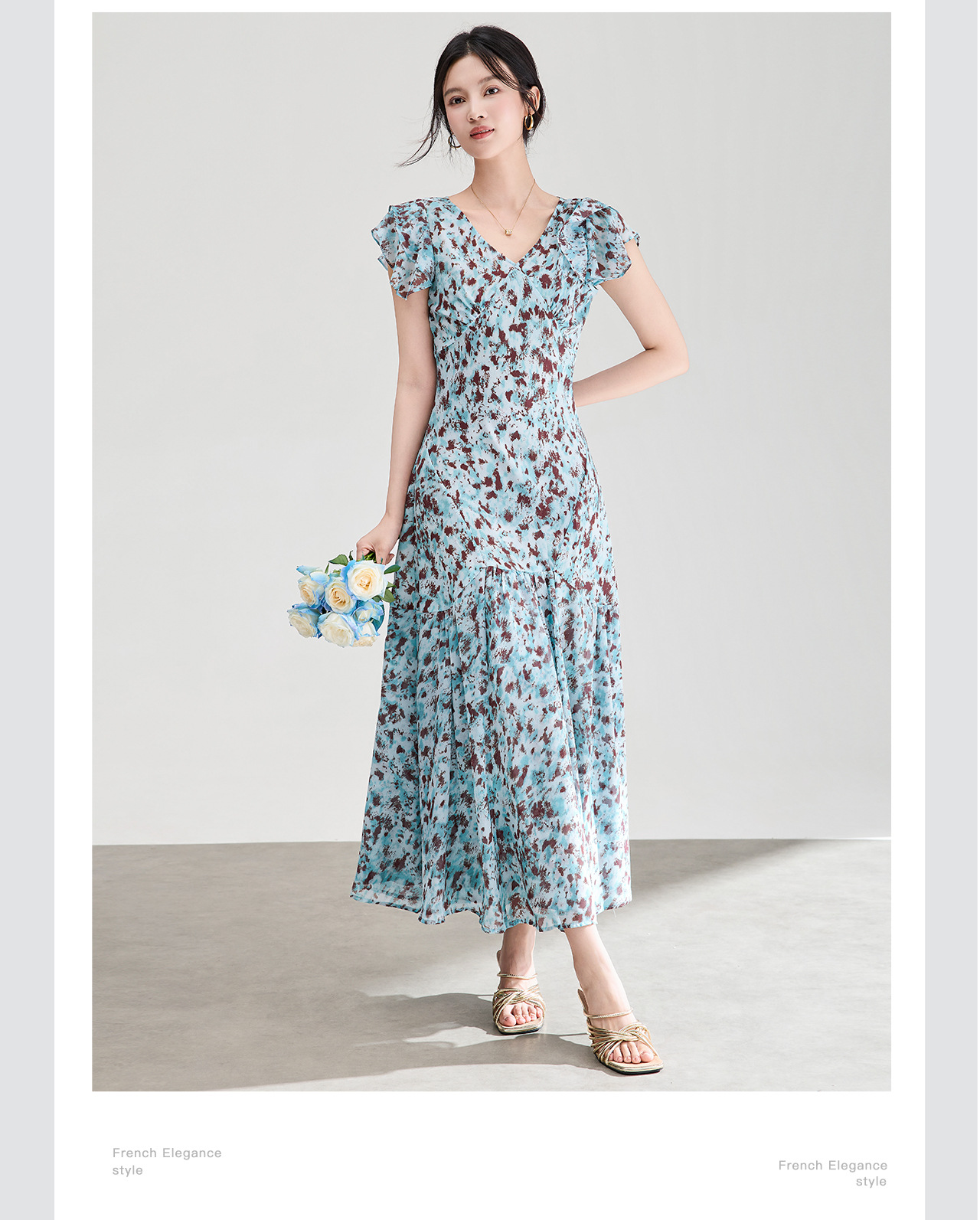 Đầm maxi nữ cổ V tay lá sen chất liệu chiffon in hoa nhí — xanh lam chi tiết 8