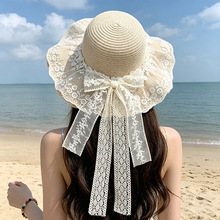 草编帽子女夏季蕾丝蝴蝶结防晒帽海边沙滩出游遮阳帽百搭渔夫帽潮