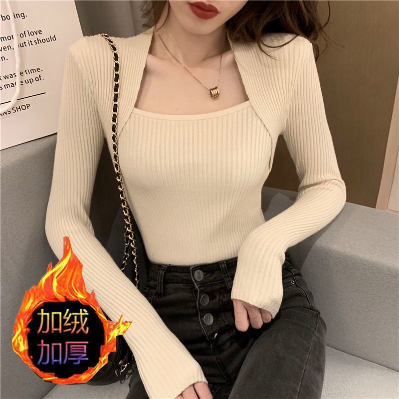 Hong Kong style autumn and winter new collection: fleece-lined, thickened, two-piece look top, slim-fit knit sweater, chic base layer, women's sweater