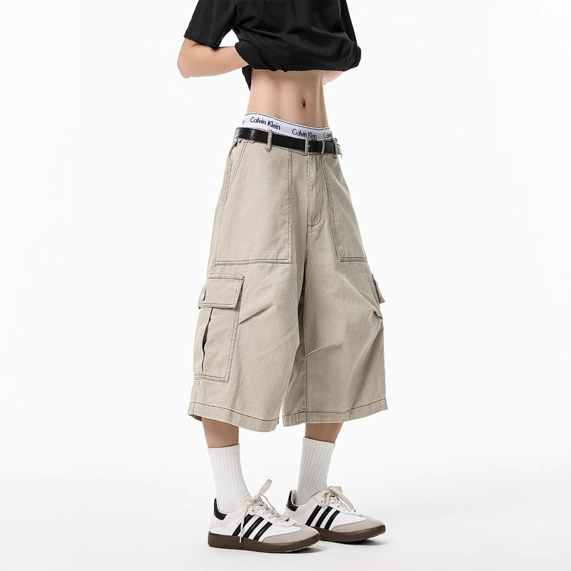 American Style Pleated Multi-Pocket Capri Pants for Men and Women Summer Loose Logging Wide-Leg Crane Pants cleanfit Short Pants