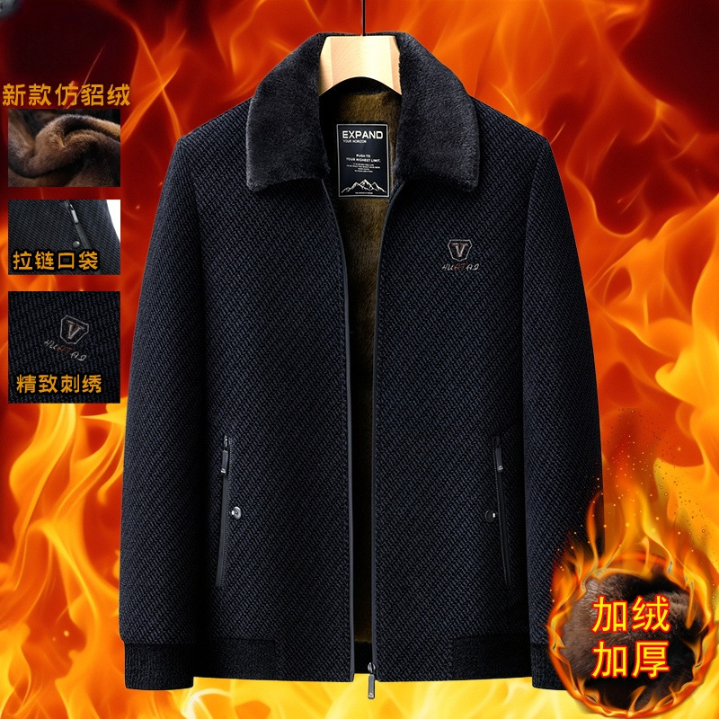 Middle-aged father's chenille fleece-lined winter coat with turn-down collar and fur collar, men's warm and casual top for middle-aged and elderly men, wholesale.