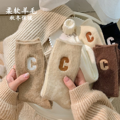 Wool Socks Women's Double Needle Mid-Tube Socks C Letter Autumn and Winter Thickened Warm Cashmere Socks Zhuji Women's Socks Wholesale