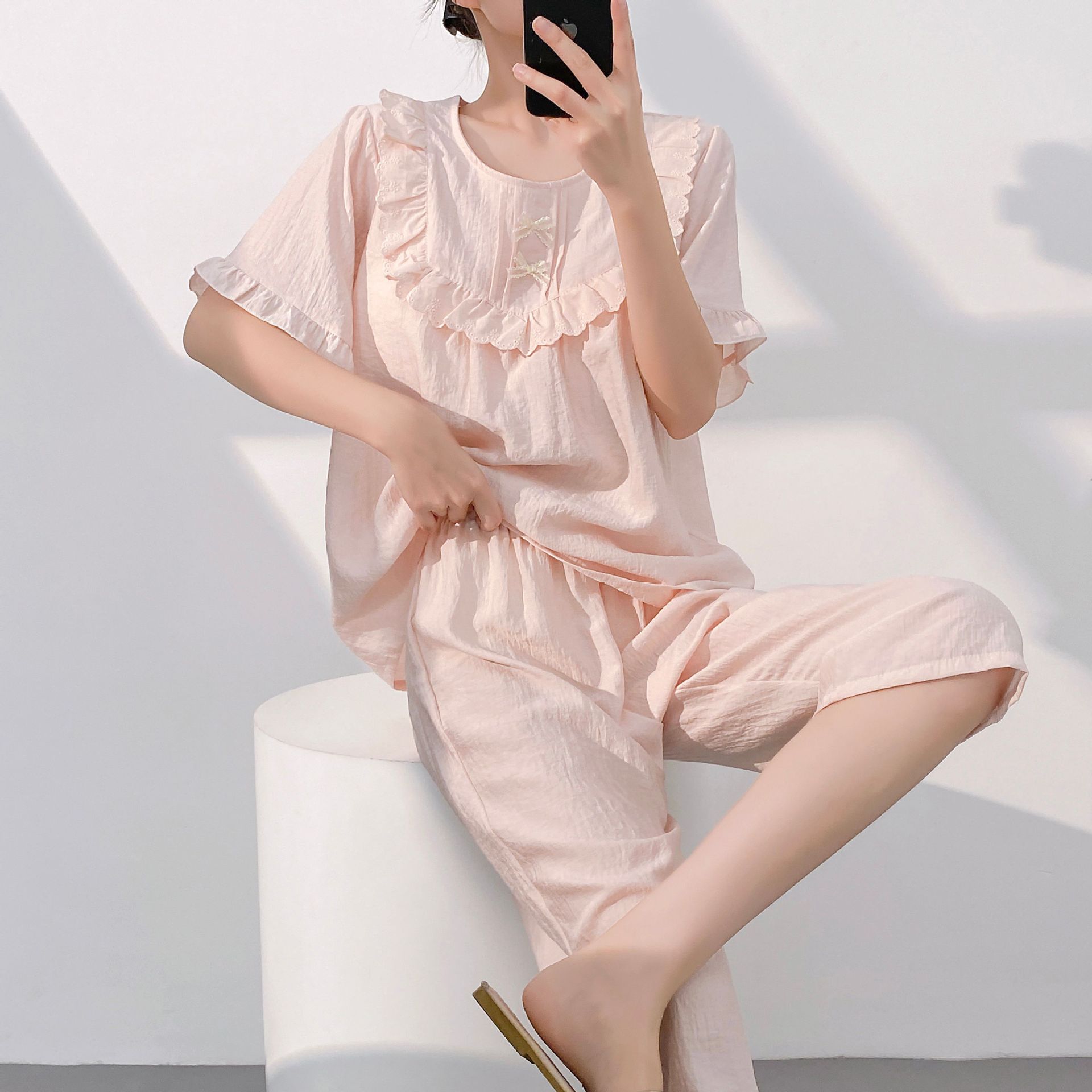 春夏新款天丝麻短袖甜美可爱家居服套装女款可外穿睡衣透气带胸垫