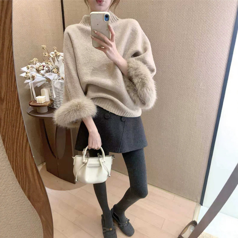 Cross-border French-style oatmeal-colored half-high collar pullover sweater for women, 2026 new model, casual and chic, slimming knit top Cross-border French-style oatmeal-colored half-high collar pullover sweater for women, 2026 new model, casual and chic, slimming knit top