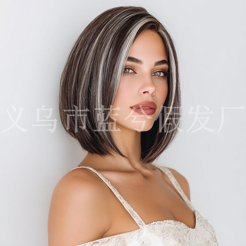 Cross-Border Small-Sized Lace Bob Wig with Gray-Brown Highlights, Straight Short Hair, European and American Style, Realistic Scalp, Full Head Wig Wholesale