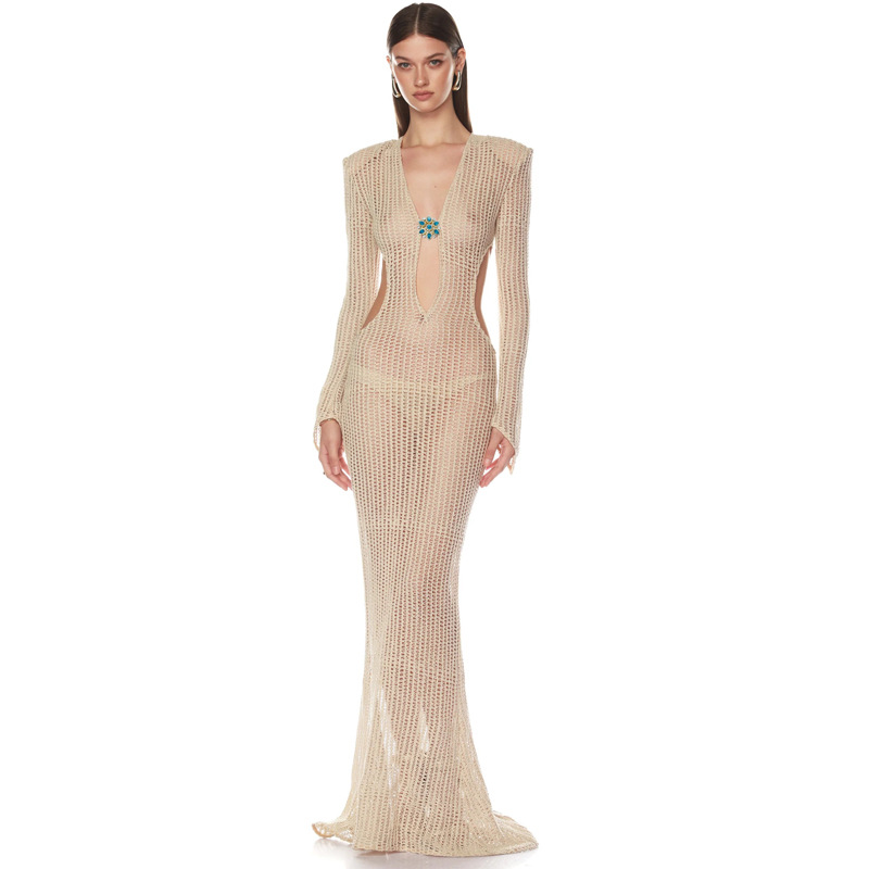亚马逊欧美女装性感镂空长袖礼服夏季深V装饰钻石鱼尾长款连衣裙
