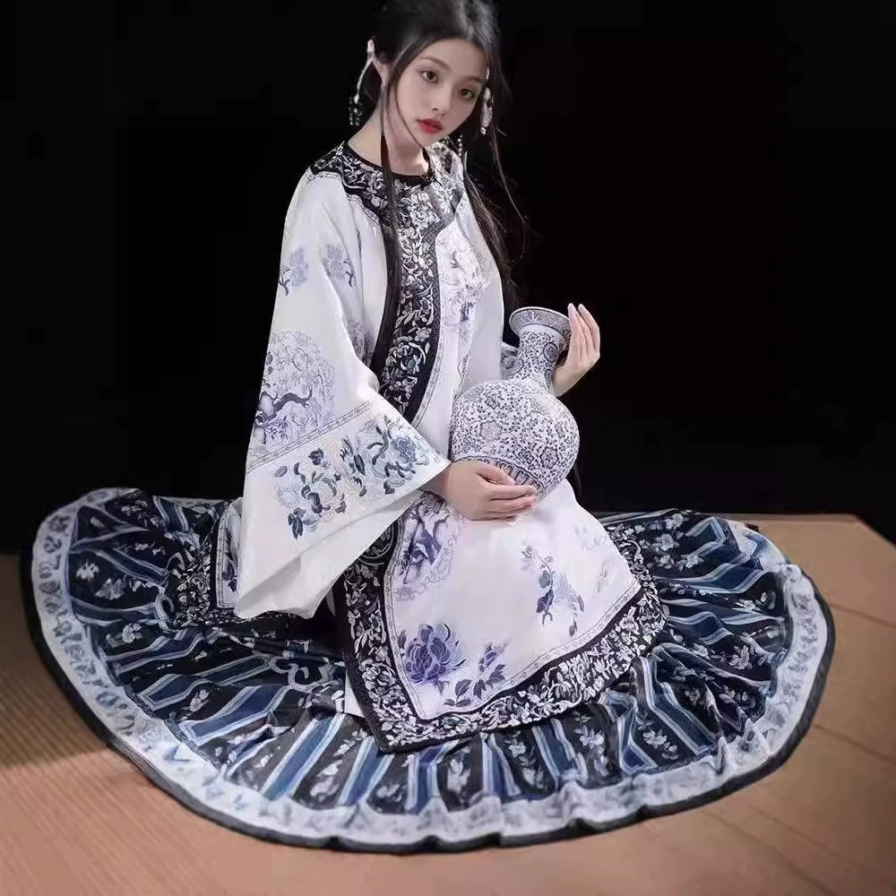 [Сине-белая фарфоровая] Антикварная одежда с принтом в стиле ретро Цин Хань, женская одежда, клетчатая плиссированная юбка с принтом династии Хань