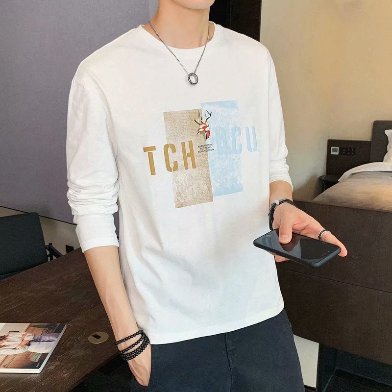 Los hombres de manga larga Camiseta cuello redondo juventud de los hombres pullover moda impresa desgaste exterior camisa de fondo delgada ropa de otoño