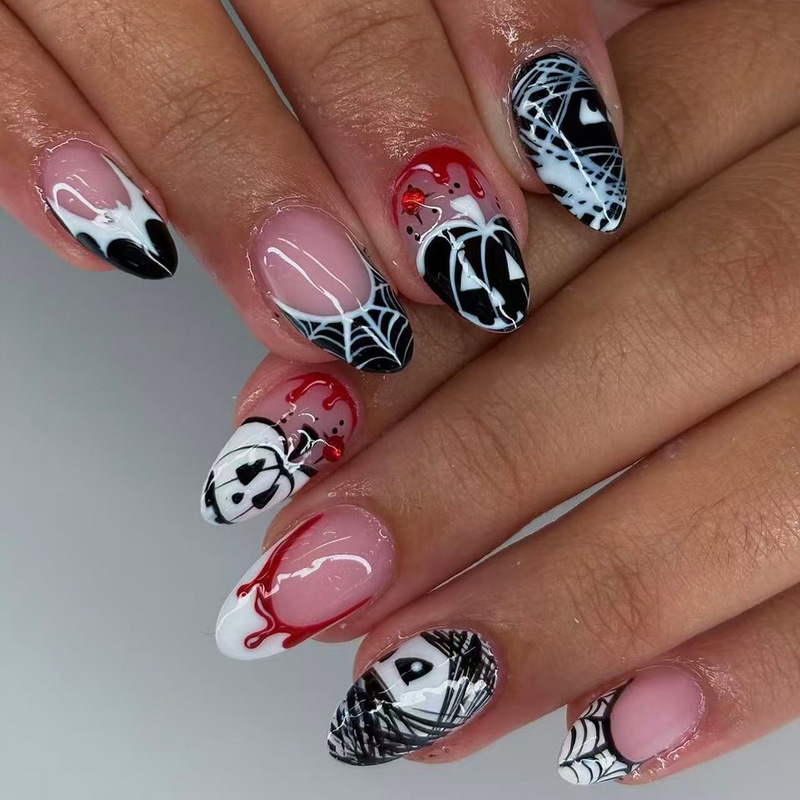 Halloween Black and White French-Style Spider Web Pumpkin Mummy Blood Design Short Oval Press-On Nails Nail Art Pieces Halloween Black and White French-Style Spider Web Pumpkin Mummy Blood Design Short Oval Press-On Nails Nail Art Pieces