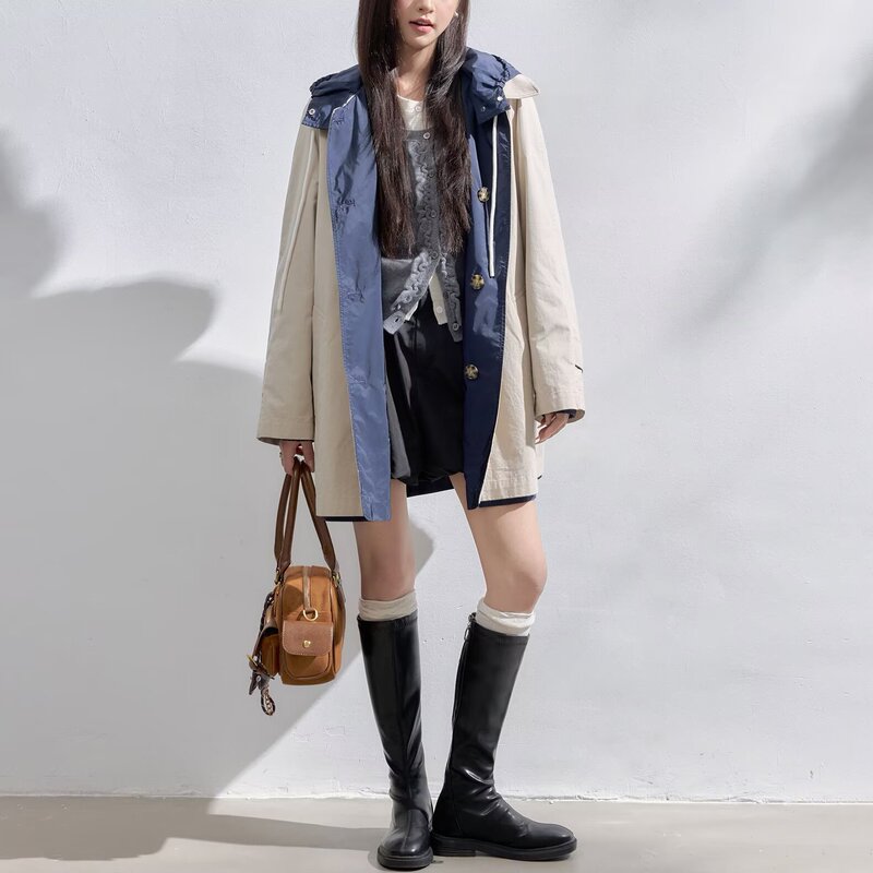 慵懒风中长款外套女2025秋冬新款欧洲站双面穿宽松撞色夹克上衣潮|undefined
