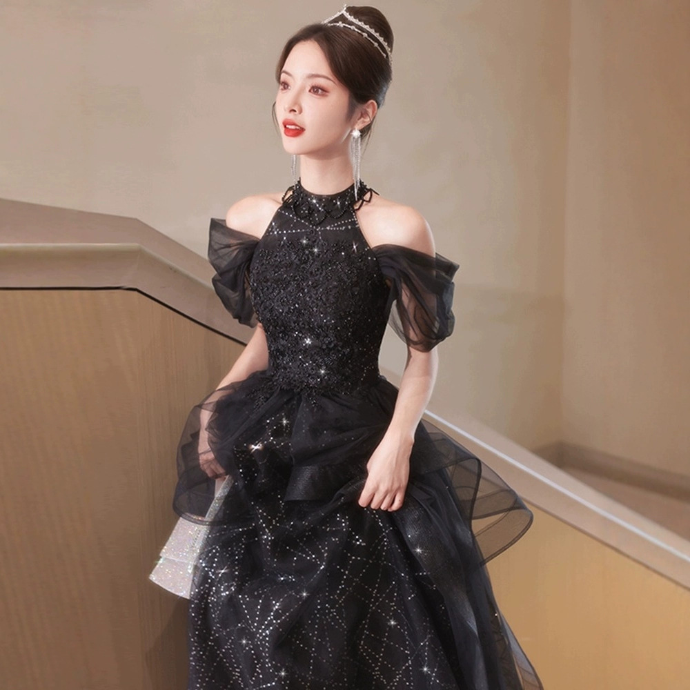 Evening Dress Accessible Luxury Niche Classy High-End Fluffy Princess Dress Black Halterneck Graduation Ceremony Coming-Of-Age Girl