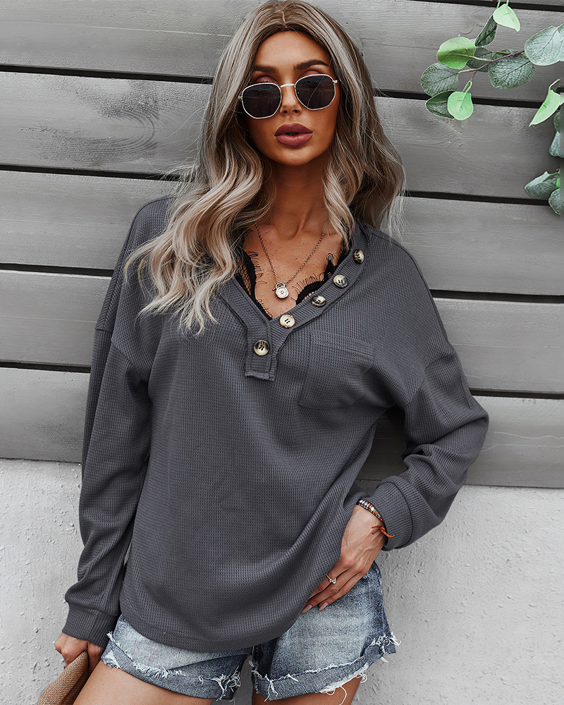 women s V-neck solid color knitted top long-sleeved sweatshirt nihaostyles clothing wholesale NSDY73979