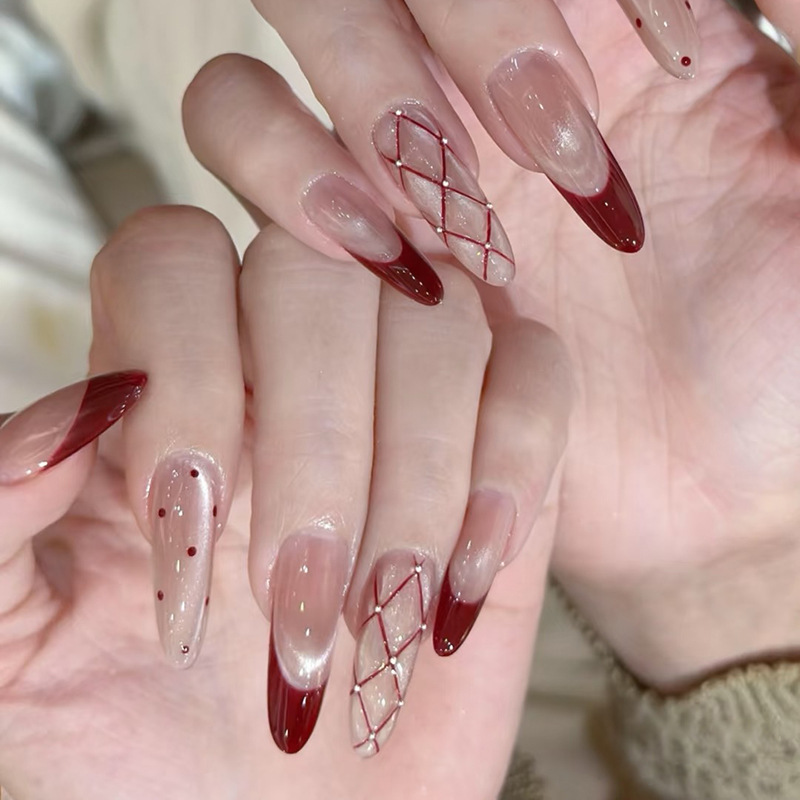 Cat's Eye Effect Wine Red French Plaid Nail Wear Armor False Nail Patch 24 Almond Long Armor Pieces Drill Cat's Eye Effect Wine Red French Plaid Nail Wear Armor False Nail Patch 24 Almond Long Armor Pieces Drill
