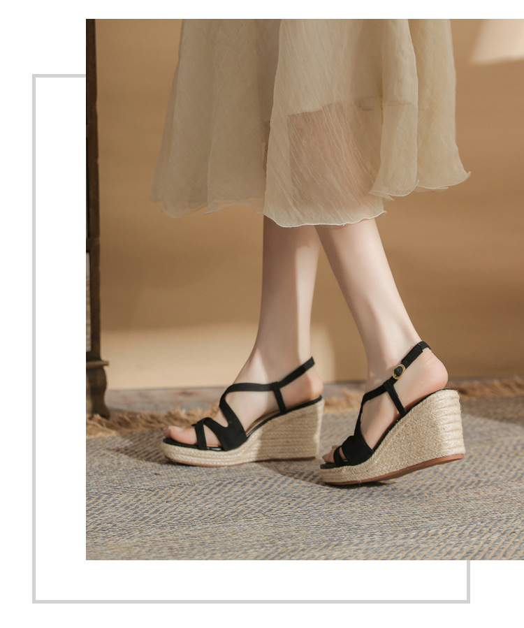 Sandal cao gót nữ hở mũi đế xuồng bọc dây thừng MJ90111 — màu đen chi tiết 16