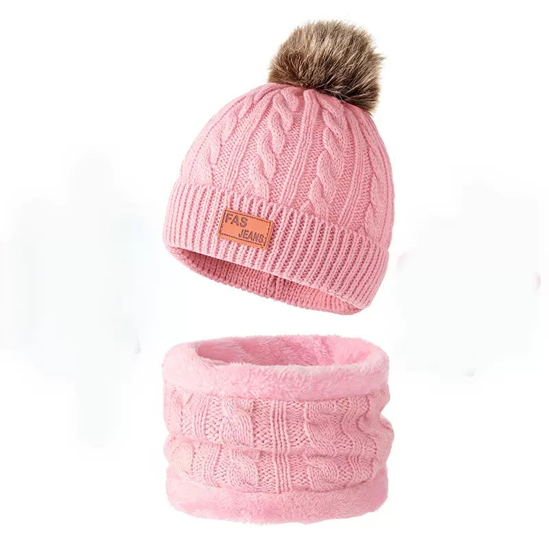 跨境欧美儿童针织帽子围巾两件套秋冬毛球宝宝帽子厂家现货批发